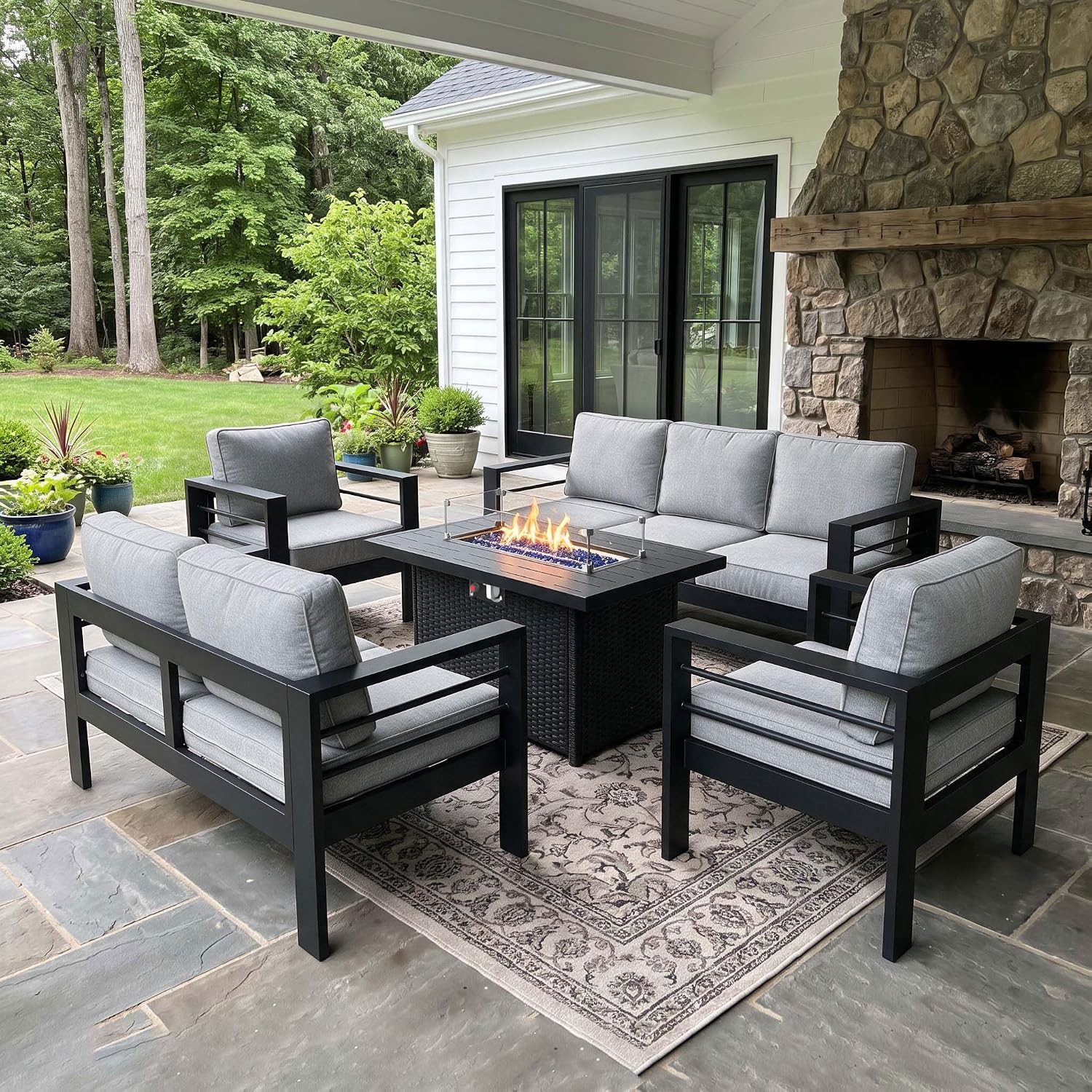 Outdoor Furniture And Fire Pit - طقم أثاث خارجي من الألومنيوم مع